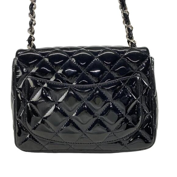 Chanel Mini Square Flap Bag Patent Leather Quilted Black/Silver CC Authentic - Picture 4 of 16